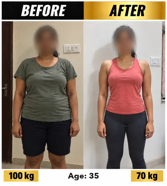 SanoobFit fat loss transformation, age 35, 100kg to 70kg