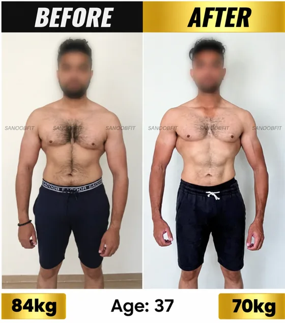 SanoobFit fat loss transformation, age 37, 84kg to 70kg